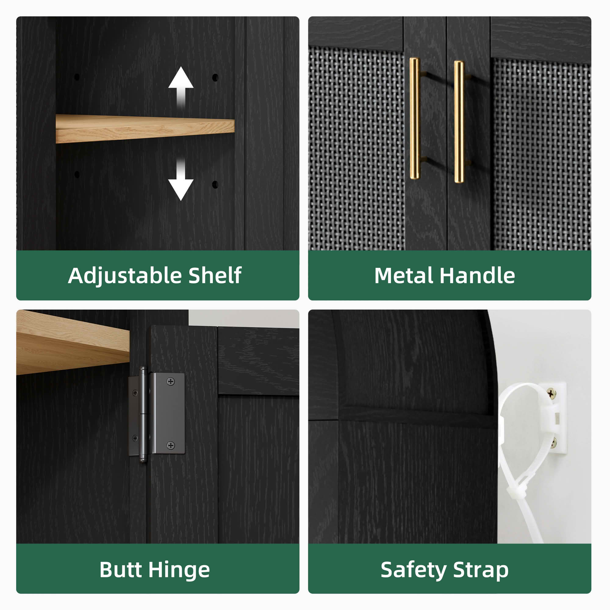 MAYEERTY 63" Arch Cabinet with Rattan Woven Doors Black Beech Wood, for Living Room Entryway
