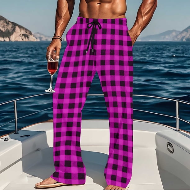 Pantalones de pijama largos para hombre, informales, con estampado a cuadros, holgados, deportivos, elásticos, rectos, vintage, con bolsillos