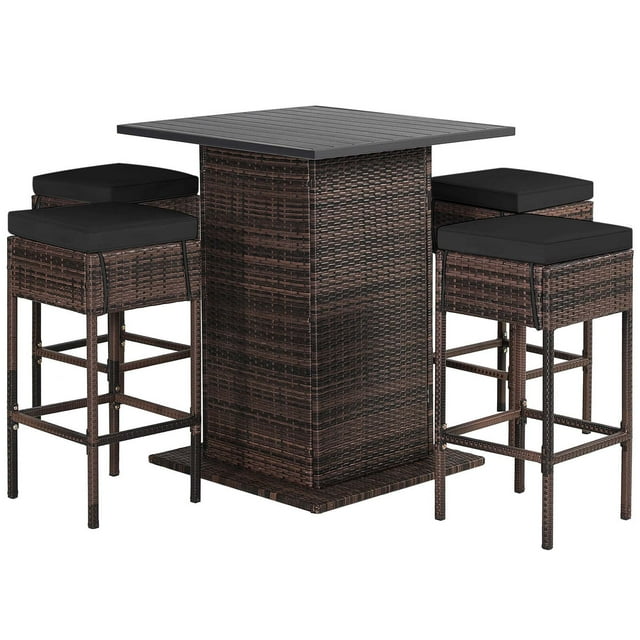 Gymax Ensemble de 5 Pcs pour Patio en Rotin avec Tabouret de Bar, Étagère de Rangement Dissimulée, Coussin, Rouge, Patio, Noir