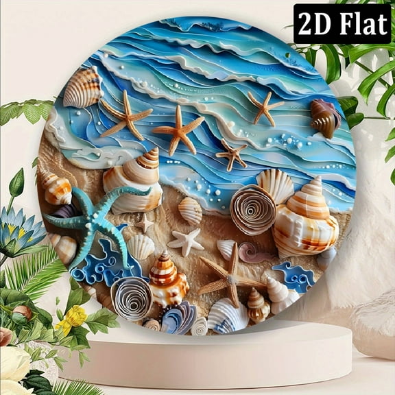 Wllo0ord 2D Flat, 8x8 Inch Round Aluminum Metal Wall Art Sign - Starfish & Seashells Coastal Decor, Vibrant Blue Ocean Waves Design, Indoor_Outdoor Home Office Door Decoration, Mother's Day