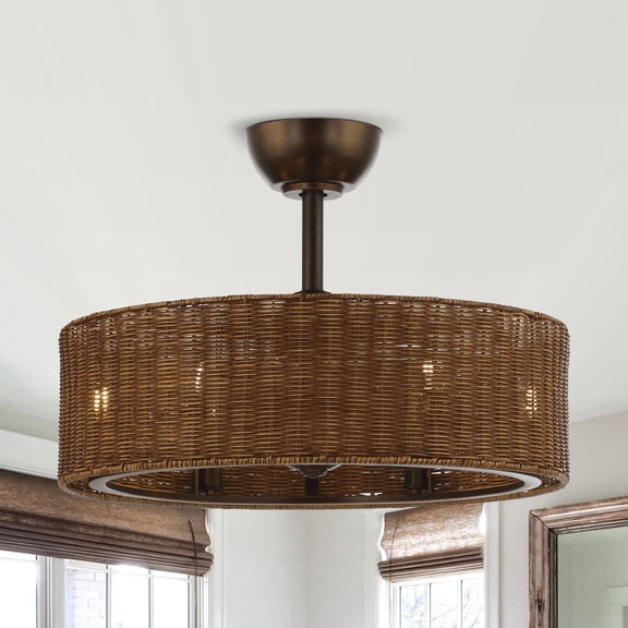 Parrot Uncle 24" Farmhouse Brown Caged Ceiling Fan with Lights and Remote Control, Rattan Chandelier Fan