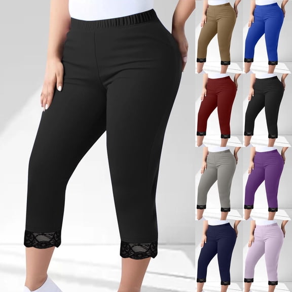 LIBRCLO Plus Size Leggings for Women, Slim Fit Capri Yoga Pants Casual Lace Tight Capris Black L