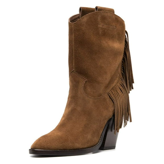 YDN Women Fashion Fringe Pointy Close Toe Mid Calf Boots Pull On Chunky High Heel Western Winter Tassels Booties Shoes Size 7 Brown