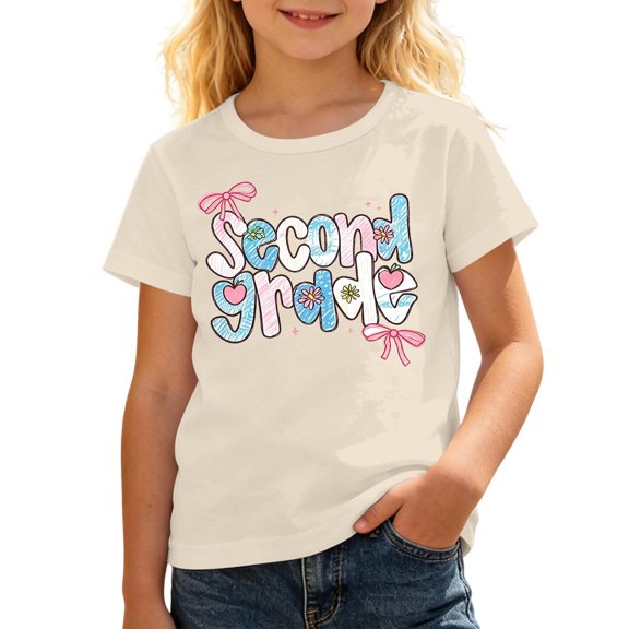 Bainana Girls Second Grade T Shirts Letter Print Short Sleeve Tops Big Kids Trendy Back To School T-Shirts