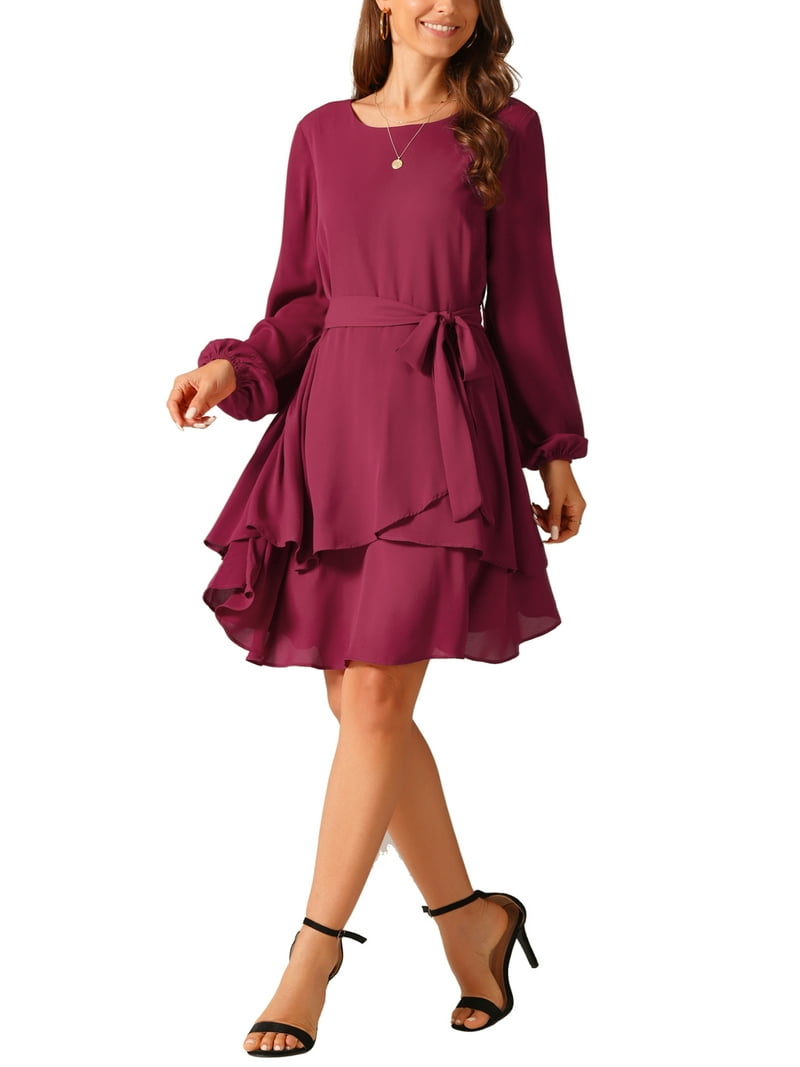 red ruffle skater dress INSPIRE CHIC Women's Fall Dresses Round Neck Long Sleeve Waist Tie Ruffle Mini Swing Skater Dress XL Brown