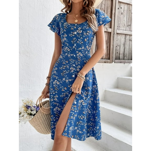 ZOELNIC Summer Floral Print Maxi Dress for Women Button Up Split Long Flowy Bohemian Beach Party Dresses, L