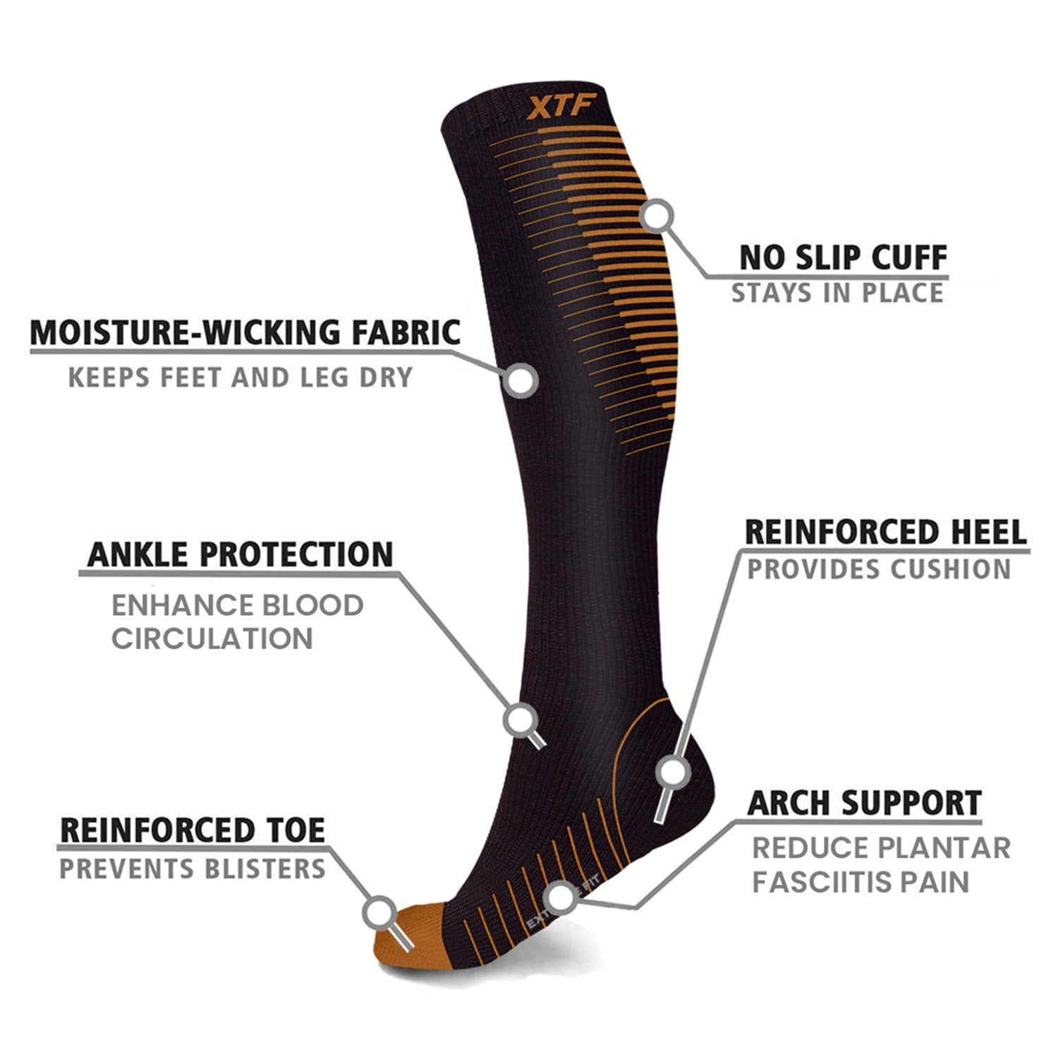 Copper Compression Socks - Knee High for Running, Athtletics, Travel - 6 Pair
