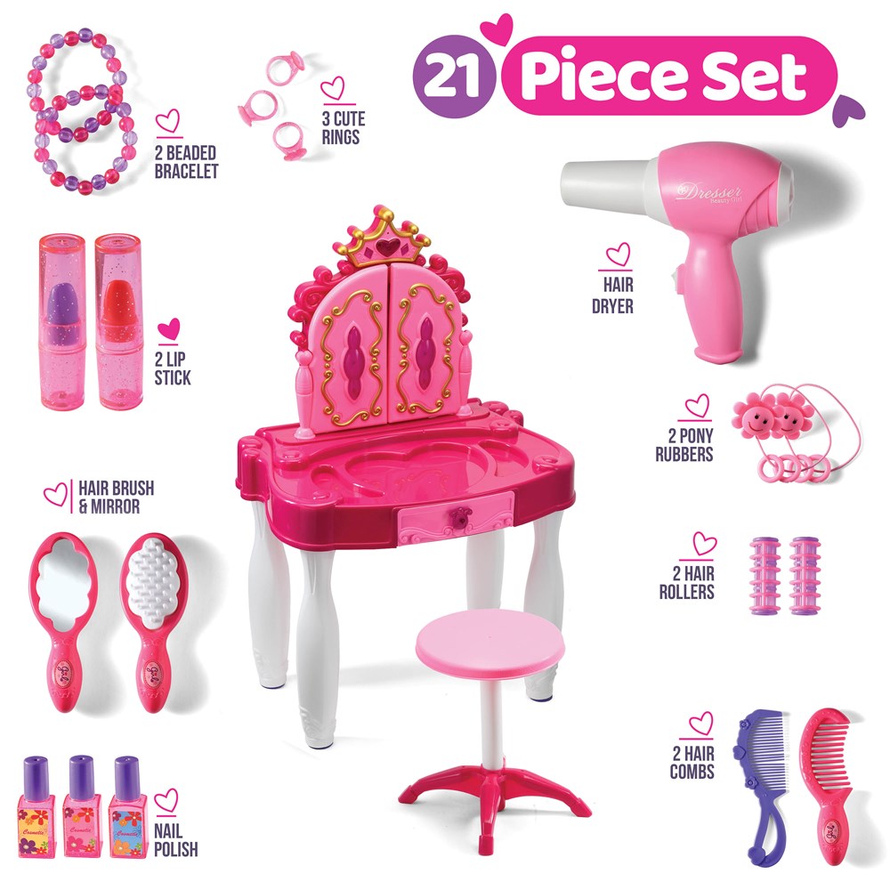 Pretend Play Vanity Set with Mirror and Stool 20 PCS Kids Makeup Vanity  Table Set with Lights and Sounds Kids Beauty Salon Set Includes Fashion Hair  Makeup Accessories Blow-dryer