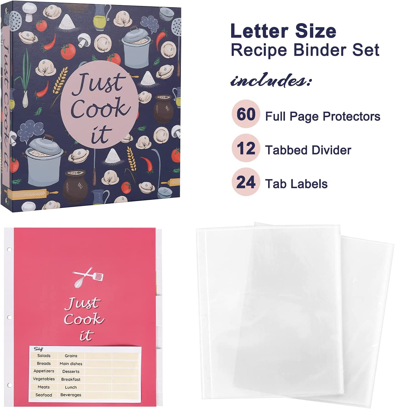 Recipe Binder Kit - 3 Ring Full Page Recipe Book Binder 8.5"x11" with 60 Page Protectors, 12 Dividers and Labels for Family Recipe Organizer, Grain Design
