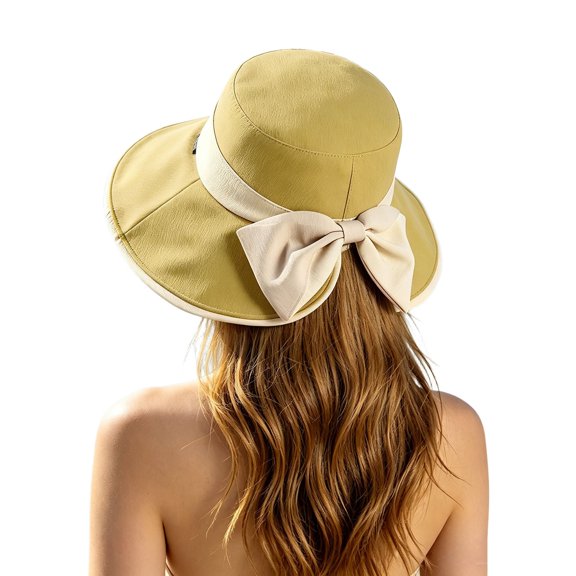 BRICH Women's Bowknot Wide Brim Sun Hat Foldable 360ยฐ UV Protection Breathable Summer Travel Beach Hat Yellow One Size