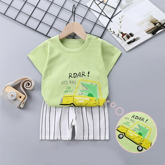 LSLJS Toddler Baby Boy Clothes Set Short Sleeve T Shirt Top with Cartoon Print Shorts Cute Infant Boy Summer Outfit, Summer Savings Clearance
