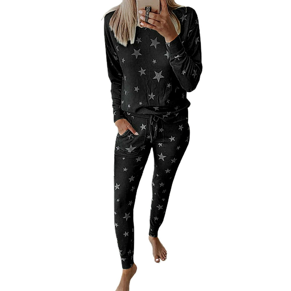 Pajamas Set Star Print Neck Elastic Waist Women Nighty Set for
