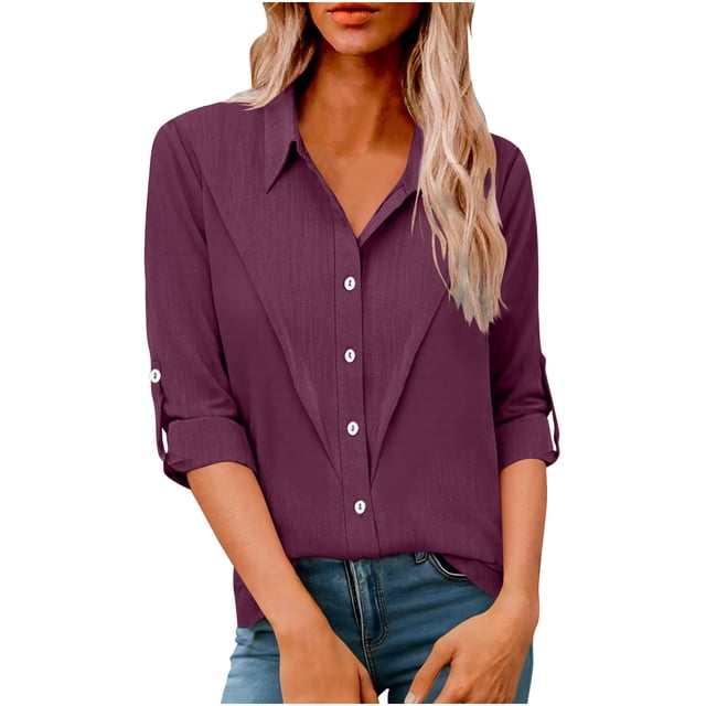 Camisas de Manga Larga para las Mujeres Loose Fit Botón de Solapa Imitación Lino Túnica Blusa de Verano