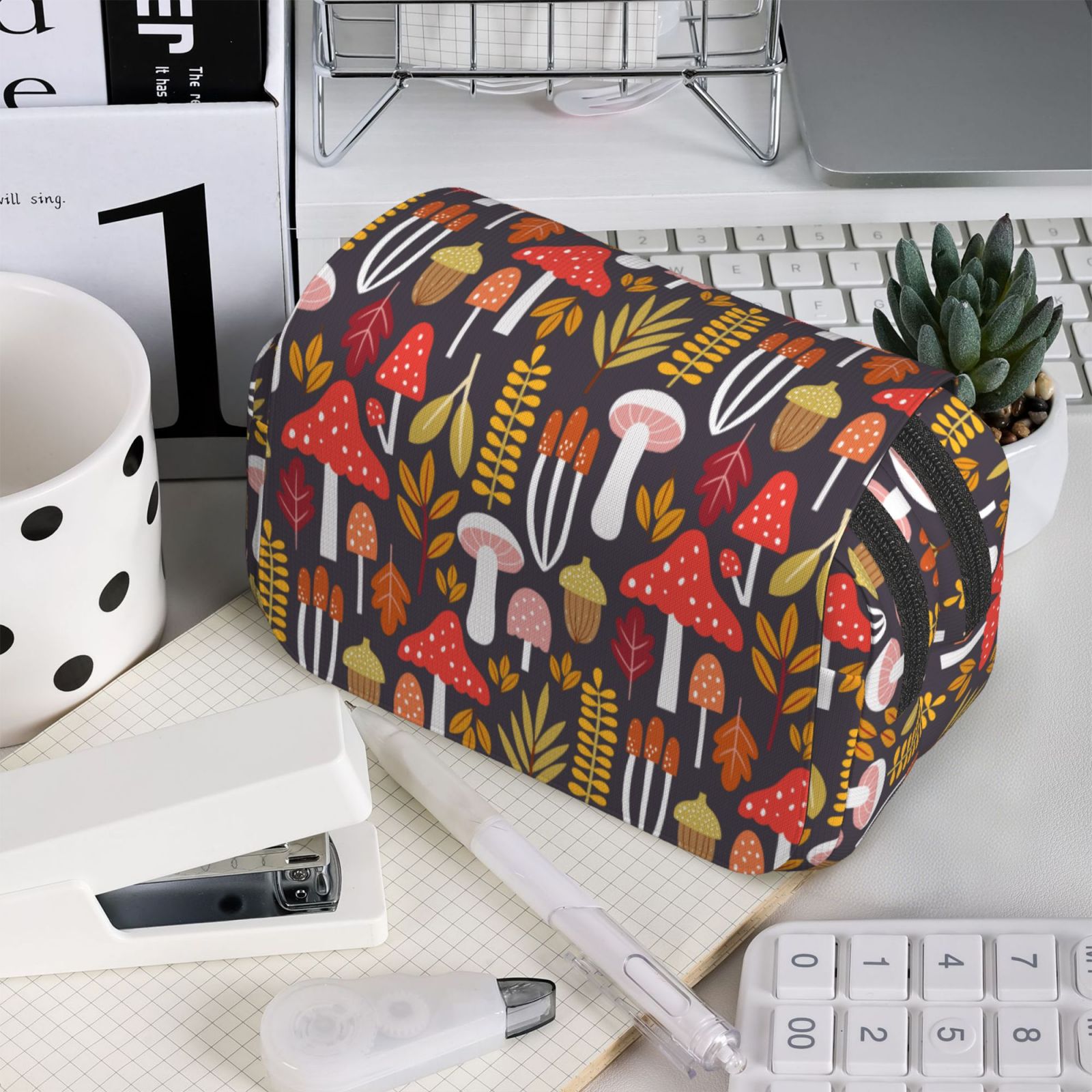 Rateoe Mushrooms And Leaves Pattern Double Clamshell Pen Case, Storage Organizer with Two Zipper Compartments– Holds Up to 50 Pencils & Pens