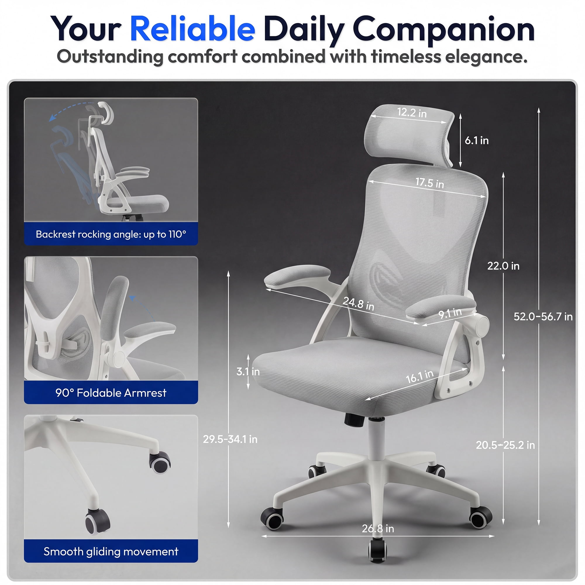 Ultifit Adult Farbic Adjustable Headrests and Adjustable Armrests Ergonomic Office Chairs Gray 300lbs