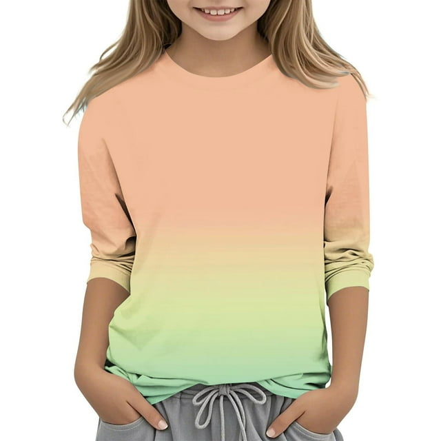 Cowsor Kids' Gradient Color 3/4 Sleeve Top – Round Neck, Casual for 1-12Y