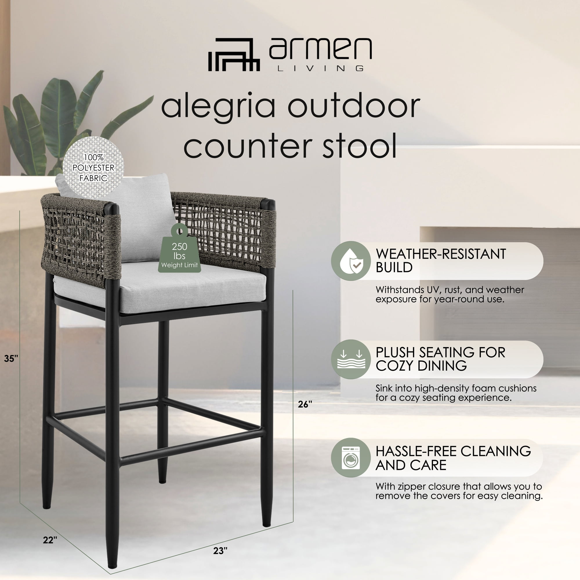 Alegria Outdoor Patio Counter Height Bar Stool in Aluminum with Gray Rope and Cushions - Set of 4