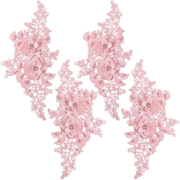 4Pcs Pink Floral Embroidery Applique Beaded Flower Rhinestone Appliques 3D Polyester Lace Pearl Sew on Patches for Sewing Making Clothes Wedding Gowns Costumes Accessories Supply