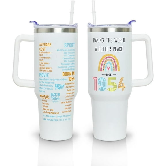 Happy 70th Birthday Gifts for Women, 40 oz Tumbler with Handle and Straw Lid, 70 Years Old Gifts Idea for Her, Seventy Birthday Present Back in 1954 Tumbler Cup（White）