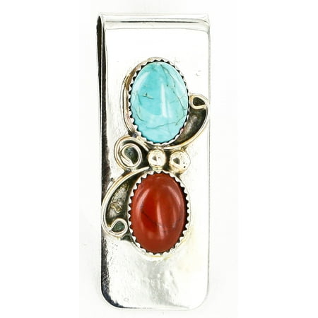 Handmade Red Jasper - Handmade Certified Authentic Navajo Nickel and .925 Sterling Silver Natural Turquoise Red Jasper Native American Money Clip