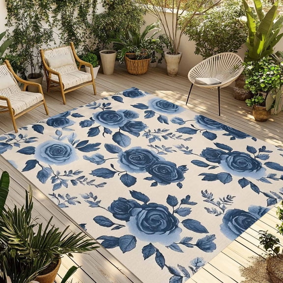 Fsddascl Navy Blue Floral Outdoor Rug for Patio/Deck/Porch, Non-Slip Large Area Rug 4 x 6 Ft, Rustic Spring Flower Blossom Indoor Outdoor Rugs Washable Area Rugs, Reversible Camping Rug Carpet