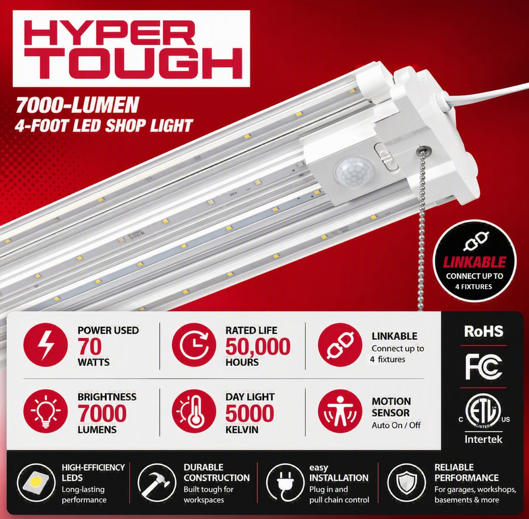 Hyper Tough 7000LM 4Ft Shop Light with Motion Sensor, Daylight