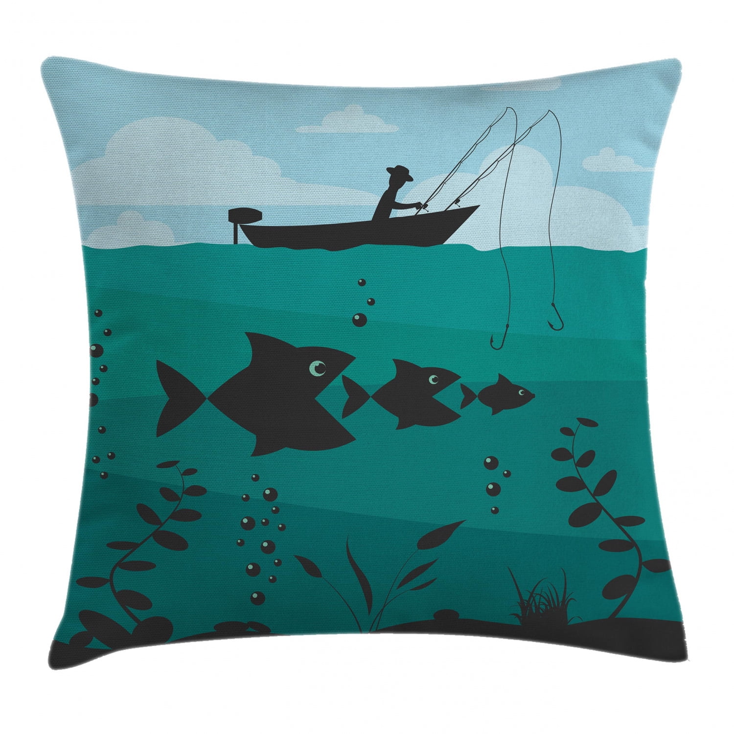 Fishing Decor Throw Pillow Cushion Cover, Single Man in Boat Luring with Bobbins Nautical Marine