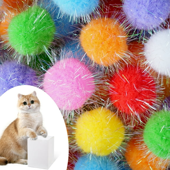 DF DUALFERV 60 Pcs Cat Pom Pom Balls, Interactive Pom Pom Cat Toys, Sparkle Balls for Cats, Extra Large Fuzzy Cat Balls for Exercise and Entertainment, Multicolor, 1.5 Inch, colour mixture