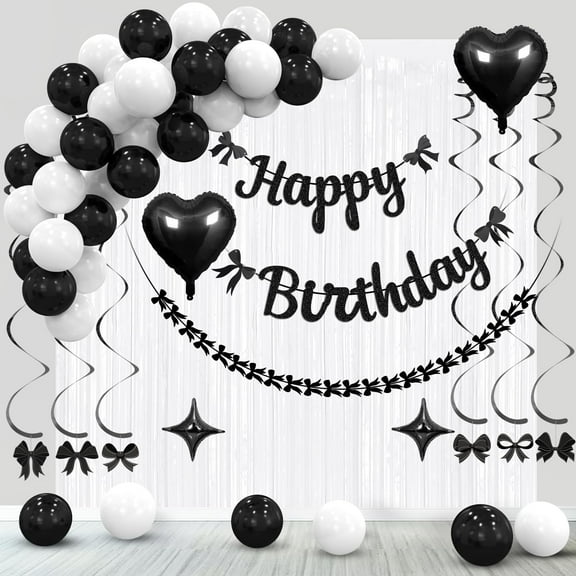 Black Bow Happy Birthday Decorations, Black KKS1 Coquette Party Decoration, Banner, Bow Garland, Cake Topper,Hanging Swirls for Women Girls Baby Shower.