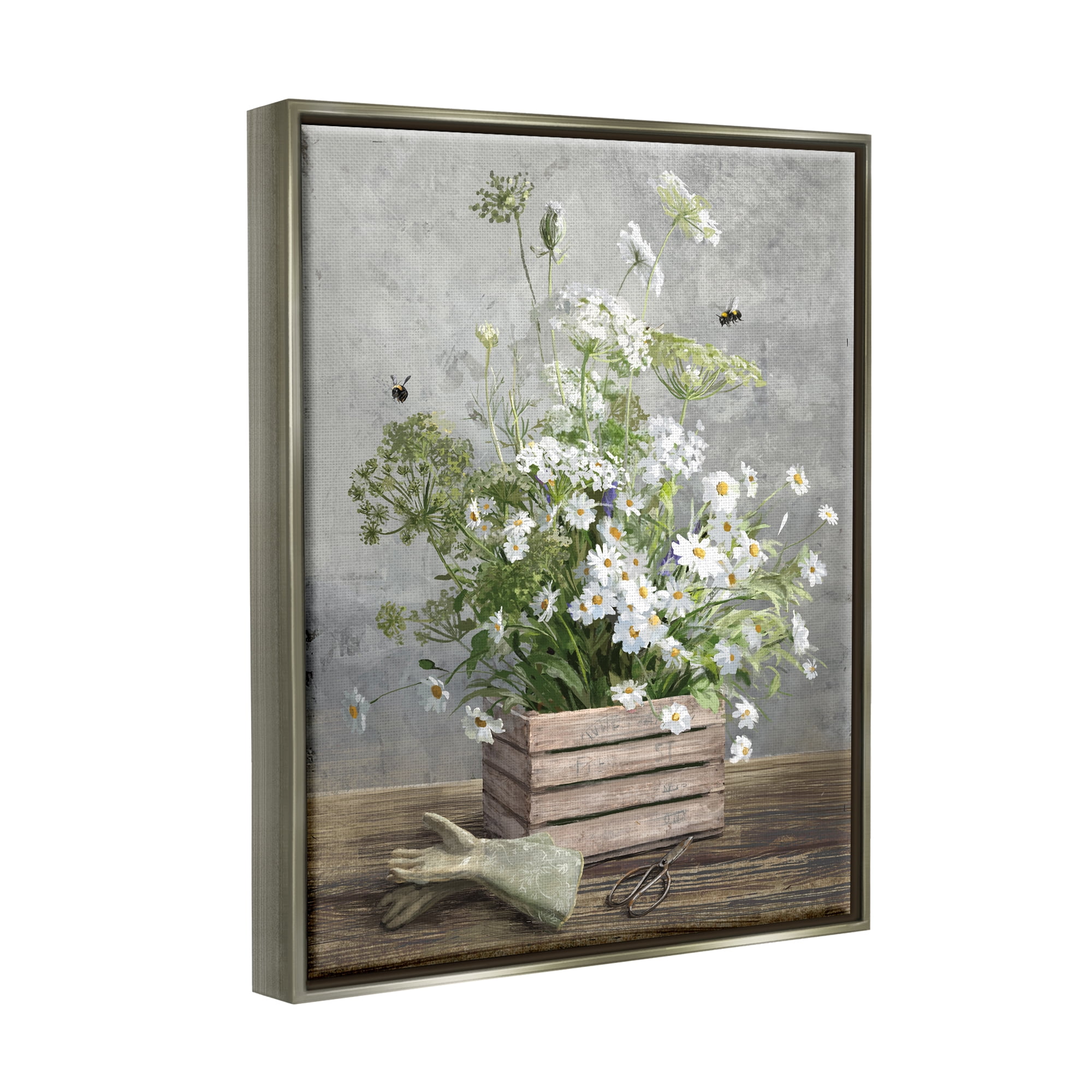 Stupell Industries Cottage Gardening Bouquet Botanical & Floral Painting Gray Floater Framed Art Print Wall Art, 17 x 21