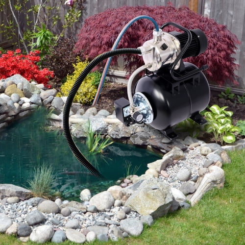 black 1.6 HP Shallow Well Pump with 5-Gallon Pressure Tank, Automatic Garden & Irrigation Water Pump, Stainless Steel Head, 1000 GPH, for Home Lawn Farm