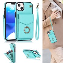 Feishell Compatible for iPhone 13 Wallet Case with Detachable Wrist Strap Handbag RFID Blocking Shield Protective Case, Card Slots Magnetic Kickstand Finger Ring Holder Shockproof Cover,Mint