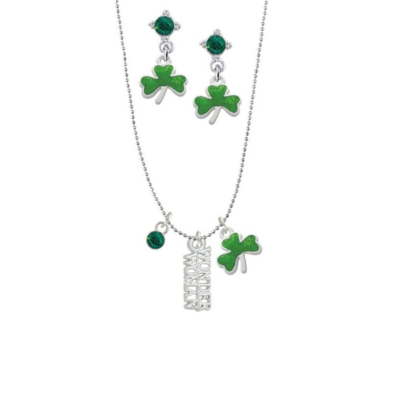 Delight Jewelry Silvertone Wonder Woman Green Shamrock Necklace and Clover Earrings Jewelry Set
