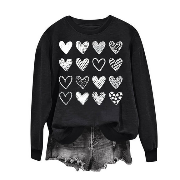 Women's Cute Heart Sweatshirts Valentines Day Pullover Top Casual Crewneck Long Sleeve Loose Shirts