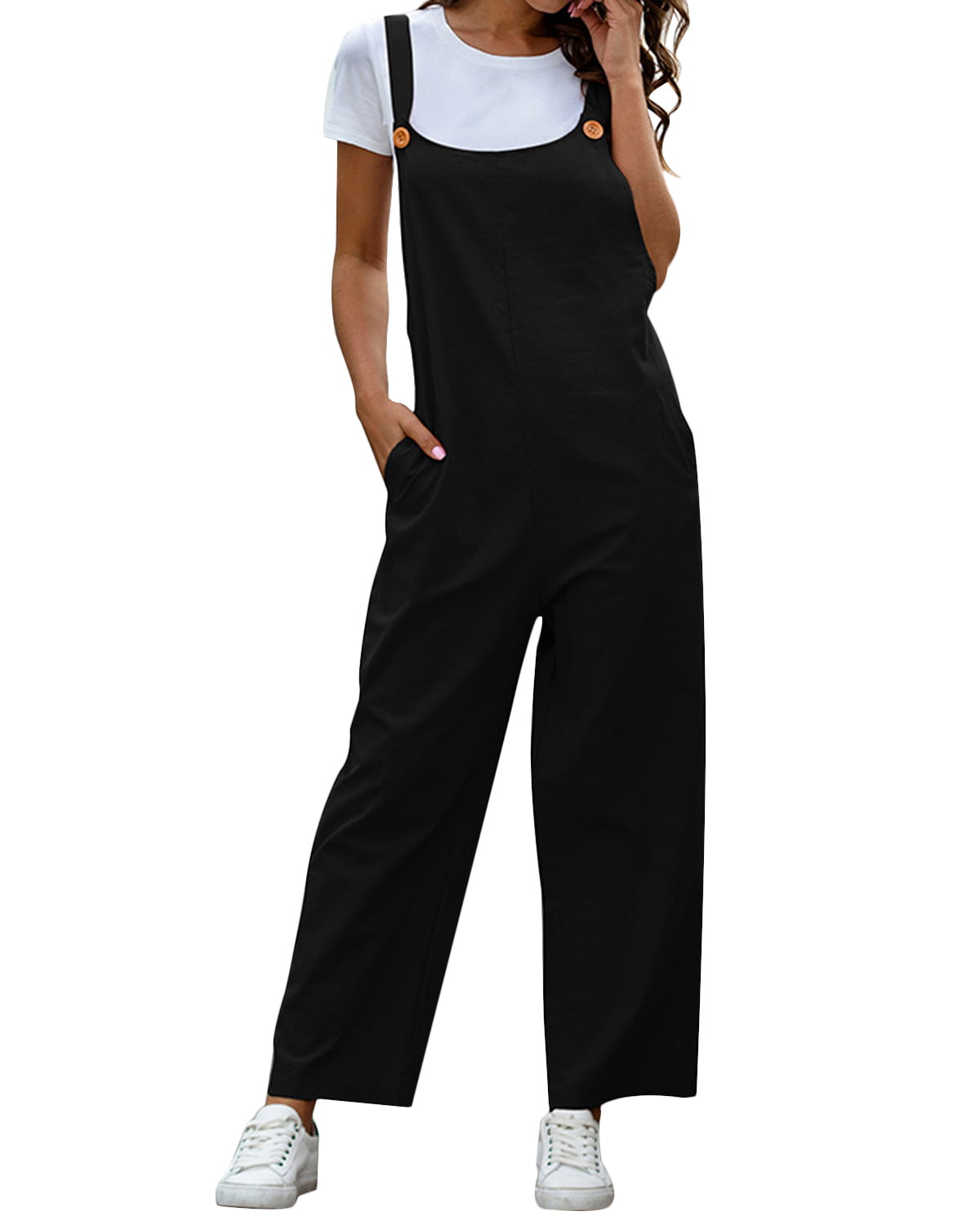 Casual Linen White Women Jumpsuit Solid v Neck Buttons Plus Size Cotton Overalls Straight Jumpsuits,Black,XL