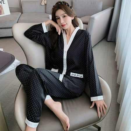 

DanceeMangoo Women Silk Satin Pajamas Set Long Sleeve Pant Soft Home Clothes Button-Down Printing Sleepwear Loungewear Womens Set Pyjamas