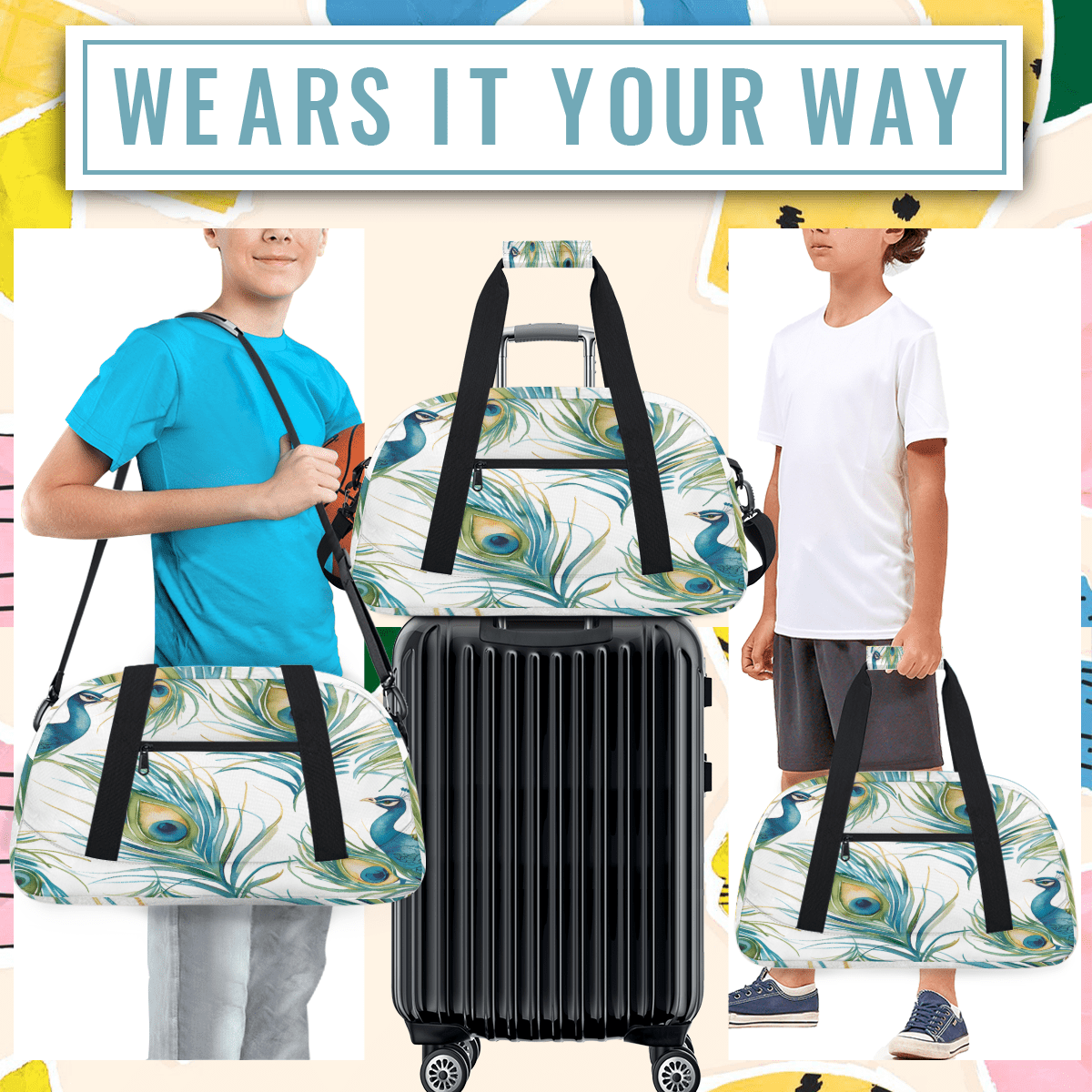 Herdesigns Sports Duffle Bags Travel Duffle Bag Gym Bag Peacock Watercolor Bird Feather Weekender Travel Bag Waterproof Overnight Bag Carry On Travel Tote Bag Dance Bags