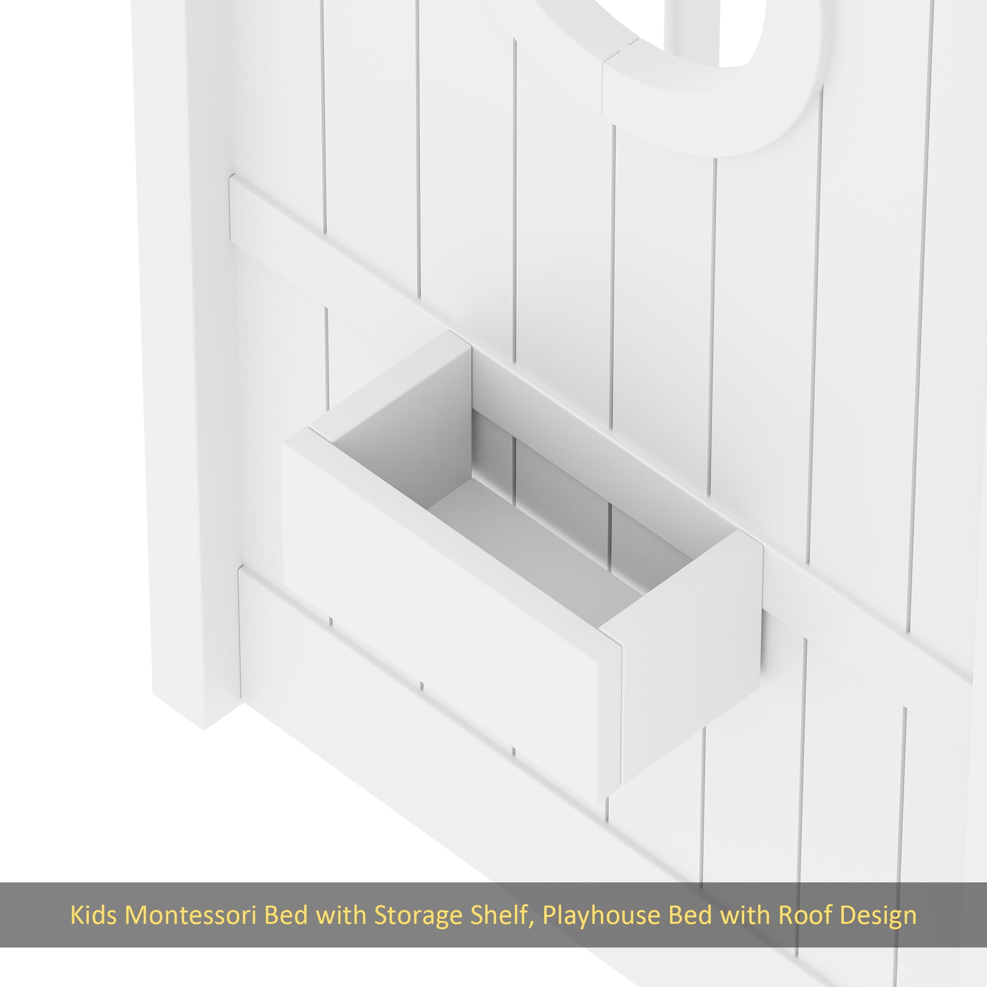 Full Size Floor House Bed for Toddler, Kids Montessori Bed with Storage Shelf, Playhouse Bed with Roof Design, White