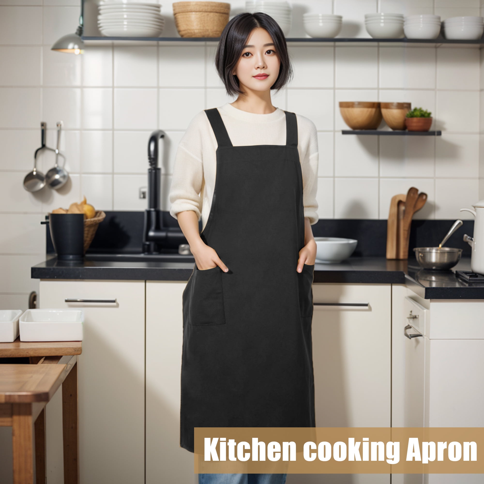 Unique Bargains Cotton Linen Apron Cross Back Apron with Pockets Black