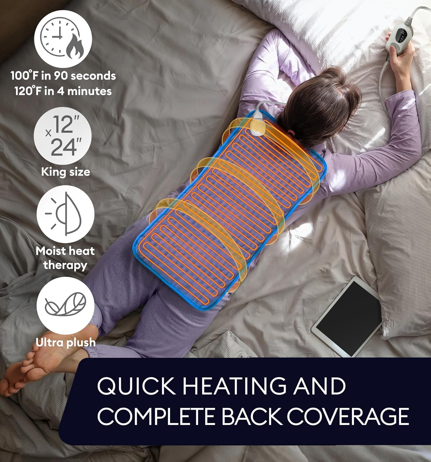 Geniani XL Double-Sided Electric Heating Pad for Back Pain & Cramps Relief – Heat Pad with 6 Heat Settings, Auto Shut Off, Ultra-Soft Machine Washable Fabric for Everyday Comfort (12"×24", Blue)