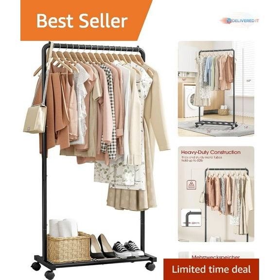 Clothes Rack Metal 28x14x59 Heavy-Duty with Shelf Casters Adjustable Storage