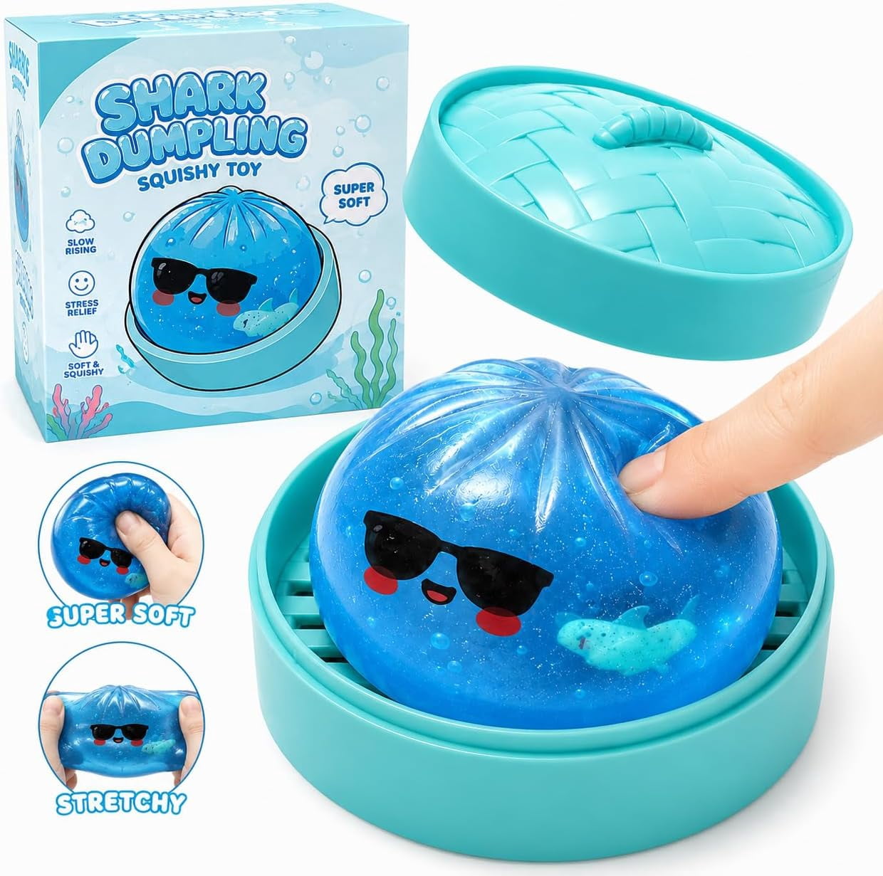 Shark Dumpling Squishy, Glitter Dumpling Squishy with Box, Colorful Dumplings Squeeze Balls Stress Relief Sensory for Holiday & Birthday Gifts (Random)