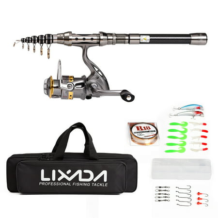 Lixada Telescopic Fishing Rod and Reel Combo Full Kit Spinning Fishing Reel Gear Organizer Pole Set with 100M Fishing Line Lures Hooks Jig Head and Fishing Carrier Bag Case Fishing (The Best Fishing Line For Spinning Reels)