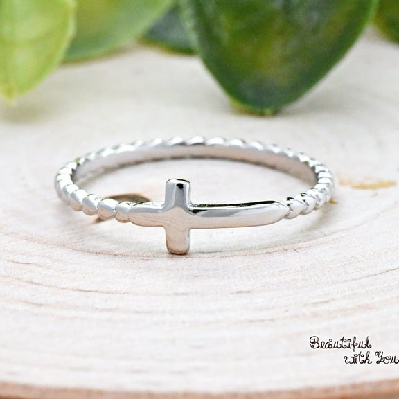 SS DESIGNS Petite Sideways Cross Ring, Sterling Silver Sideways Cross Bead Ball Ring, Minimalist Cross Bead Ring, Cross Bubble Statement Ring
