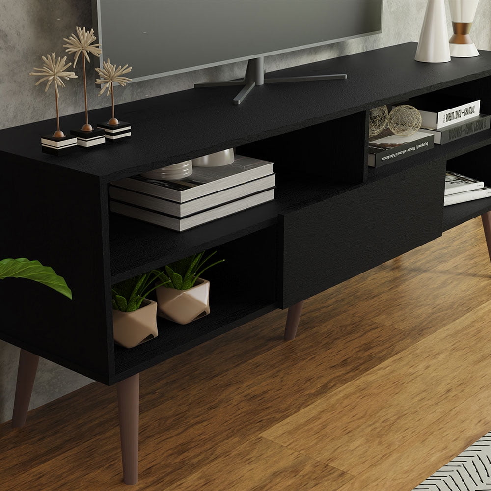 Madesa Modern TV Stand with 1 Door and 4 Shelves with Cable MANAGEMENT for 55, 65 Inch Media Storage Media Console Living Room and Bedroom Entertainment Center Wooden Television Cabinet - Black