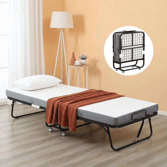 Foldable Guest Bed with Wheels, 74.8" x 38" Folding Bed with 3.9" Memory Foam Mattress, 485 lbs Load Capacity, Portable Foldable Mattress for Bedroom, Living Room, Camping, Black