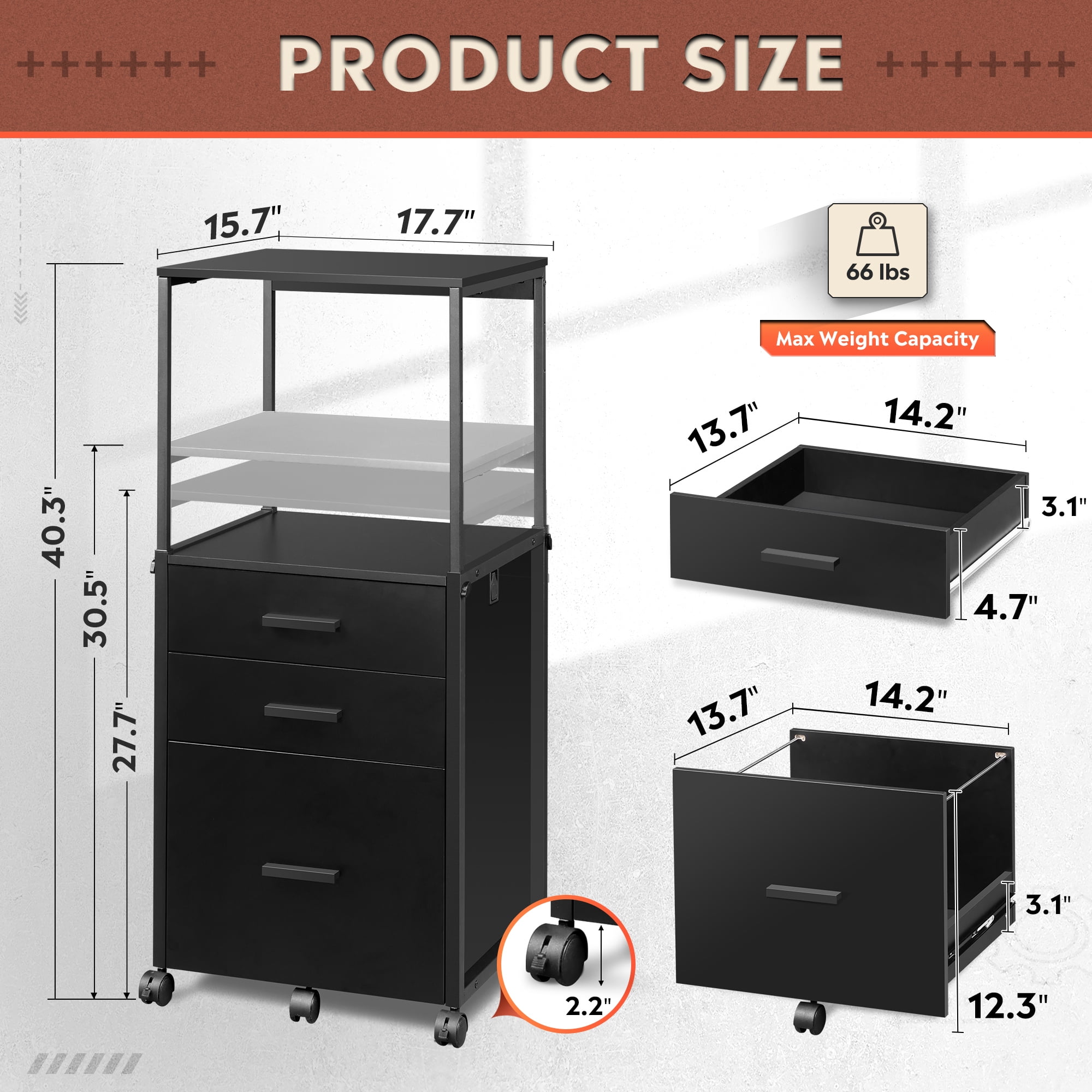 GALAXHERO Wood File Cabinet with 3 Drawers, Mobile Printer Stand with Adjustable Height for Home Office, Black