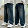 thumbnail image 2 of Ulitacool Fall Pants For Boys Wide Leg Jeans High Waist Baggy Slacks Loose Fit Denim Pants Classic Lightweight Trousers Dark Blue 120, 2 of 9