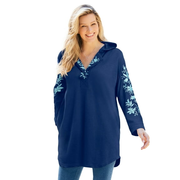 Woman Within Plus Size Embroidered Hoodie Sweatshirt