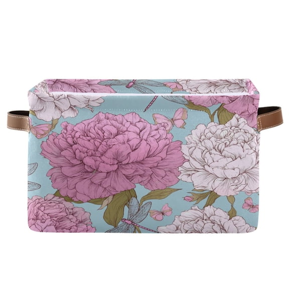 1-Pack Square Closet Organizers with Handles Open Basket Bins Pink Peony Pattern Storage Basket for Home Office